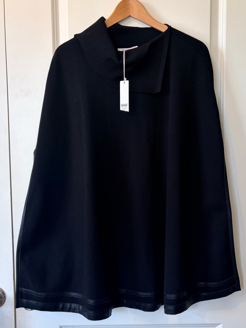 Chico's L/XL Split-Neck Black Faux Leather Trim Sweater Cape Poncho NEW W TAGS